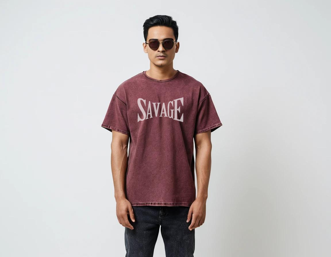 Men's maroon graphic printed acid-wash t-shirt