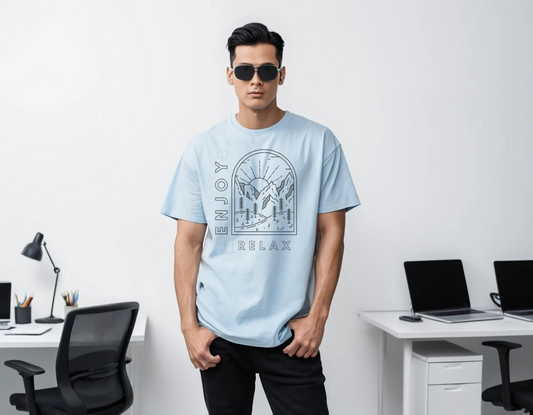 Men's baby blue half sleeve graphic printed over-sized t-shirt.