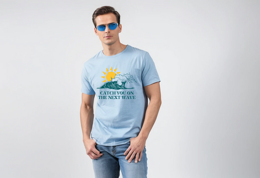 Men's baby blue graphic printed half sleeve t-shirt.