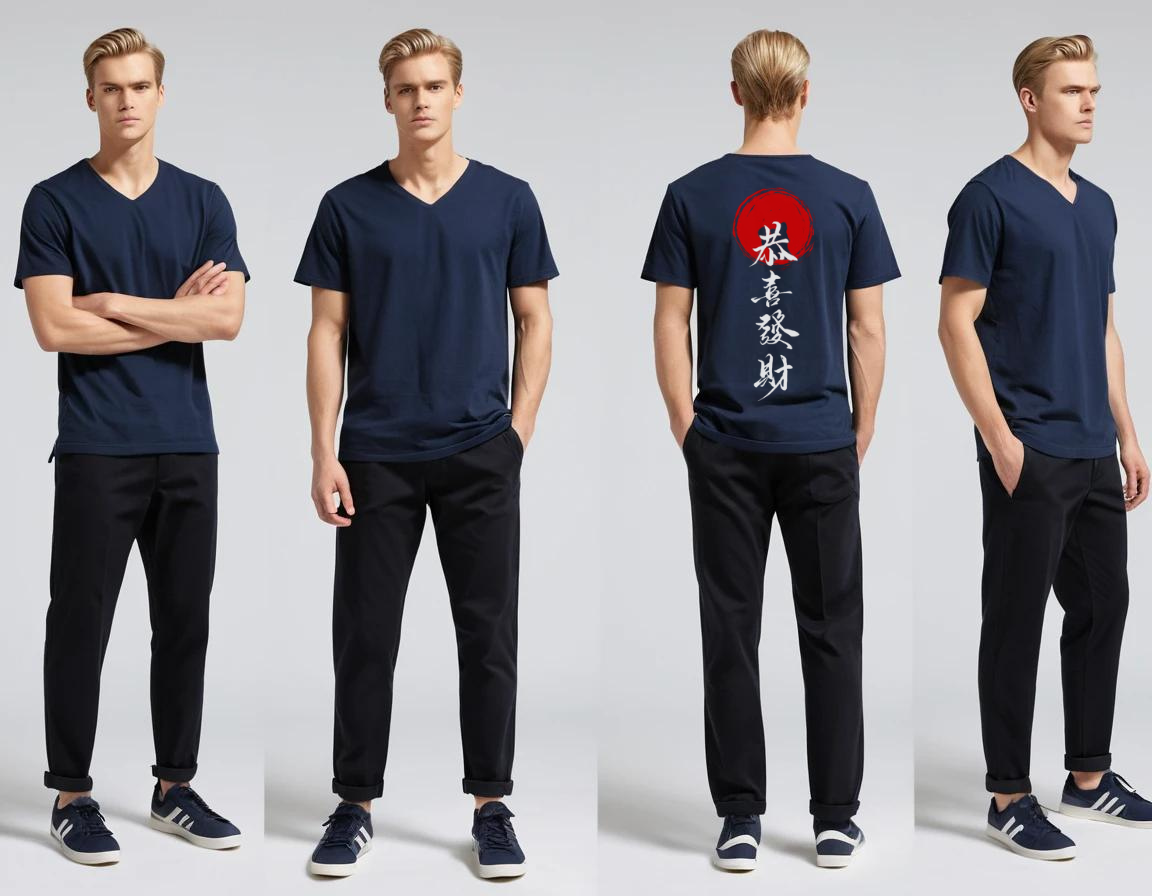 Men's petrol blue graphic printed V-neck t-shirt.