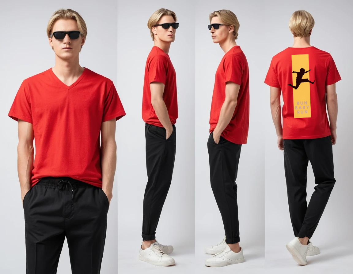 Men's red graphic printed V-neck t-shirt.