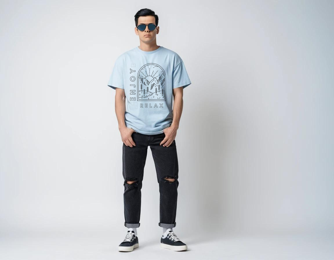 Men's baby blue half sleeve graphic printed over-sized t-shirt.