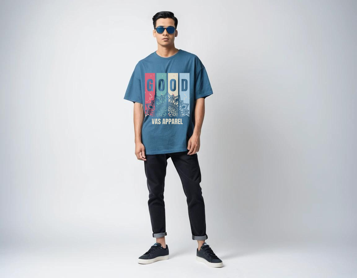 Men's petrol blue half sleeve graphic printed over-sized t-shirt.