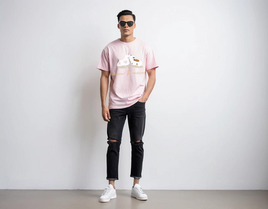 Men's baby pink half sleeve oversized graphic printed t-shirt.