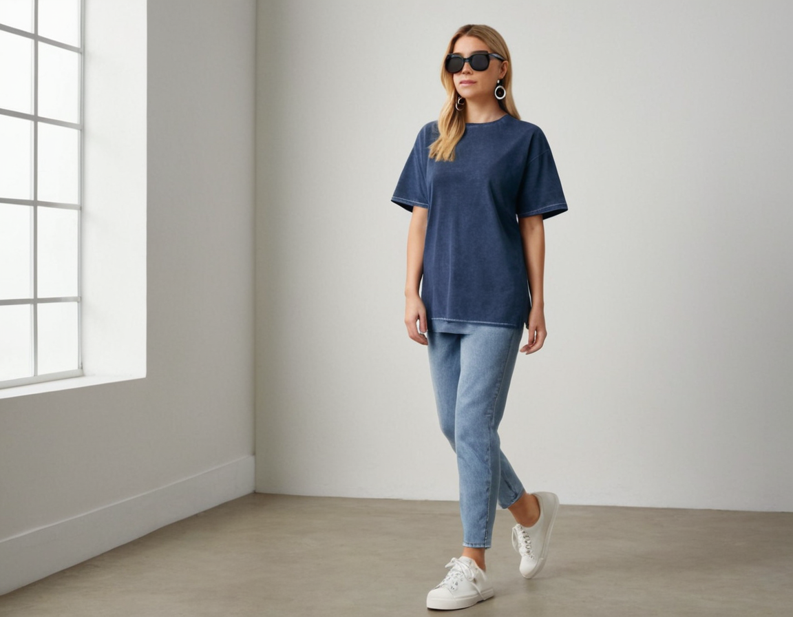 Women's navy blue acid wash oversized t-shirt
