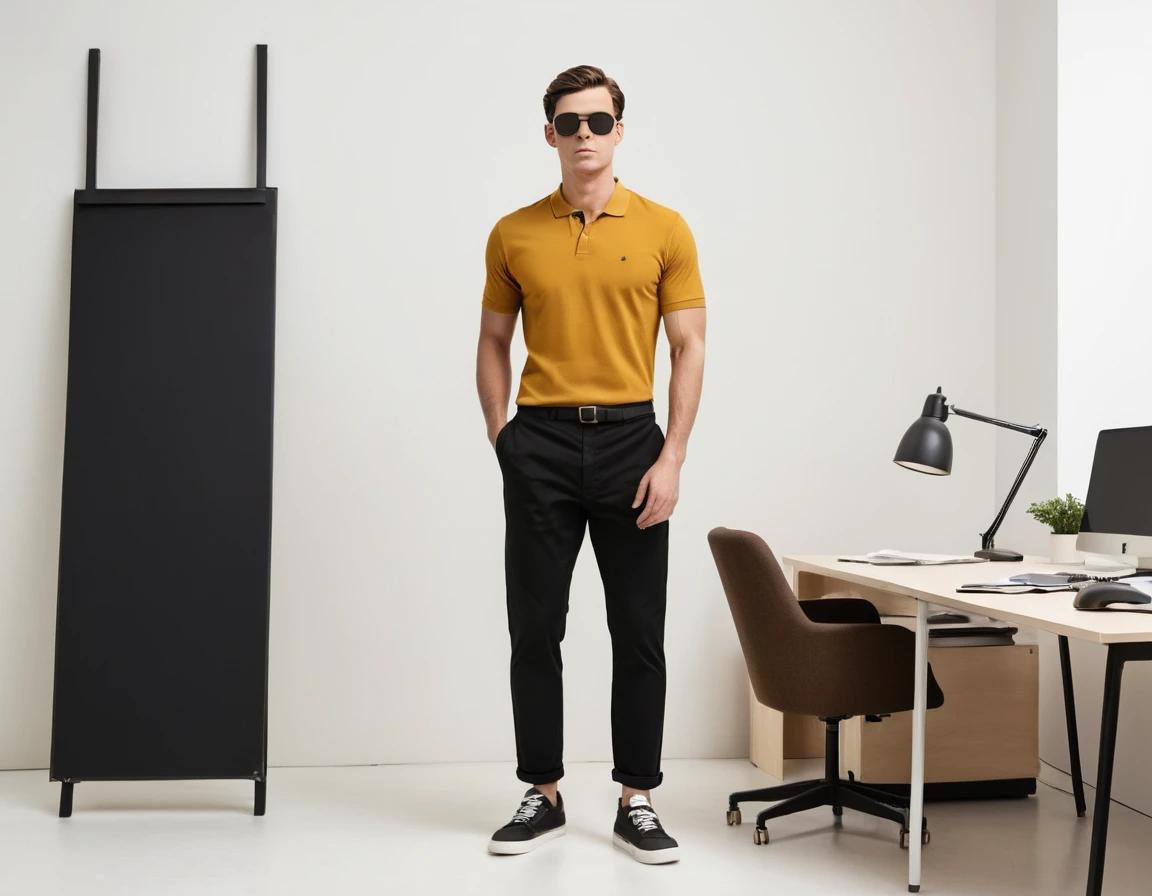 Men's mustard yellow polo.