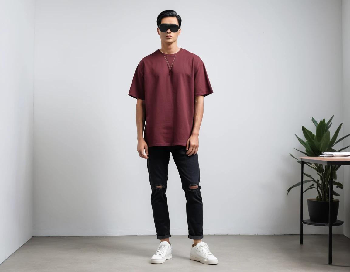 Men's solid maroon half sleeve oversized t-shirt.