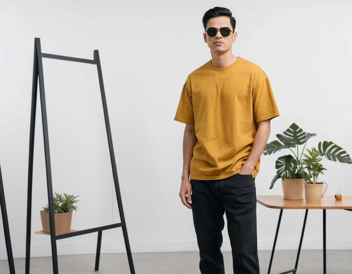 Men's solid mustard yellow half sleeve oversized t-shirt.
