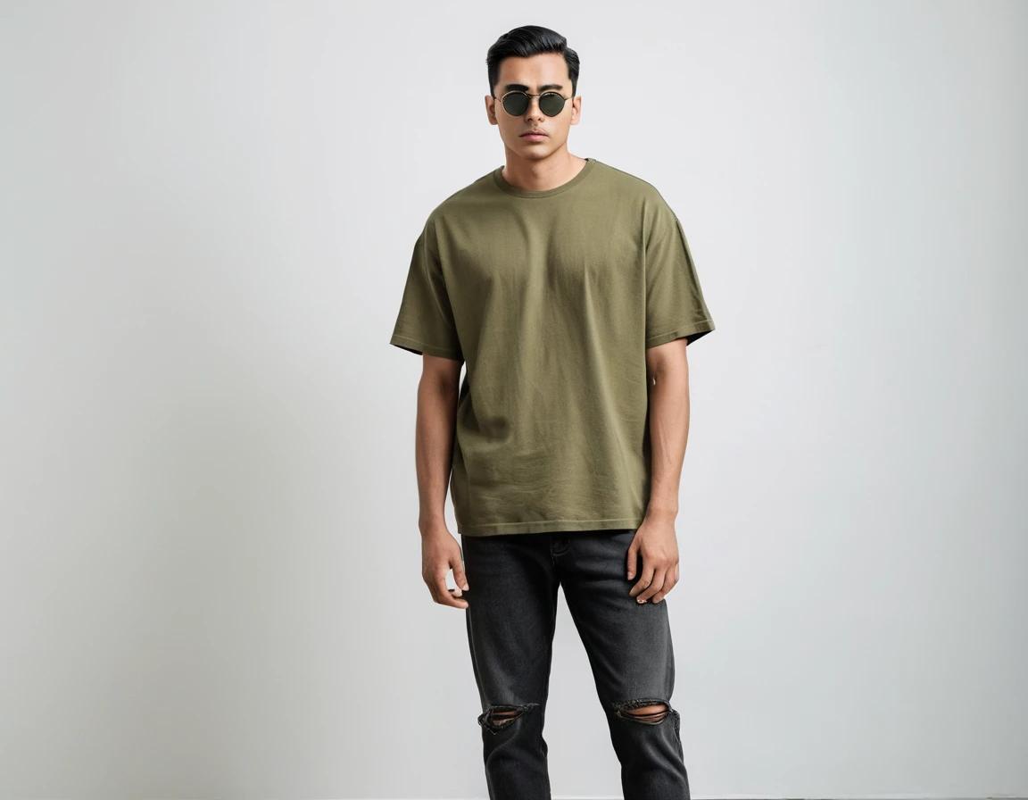 Men's solid olive green half sleeve oversized t-shirt.