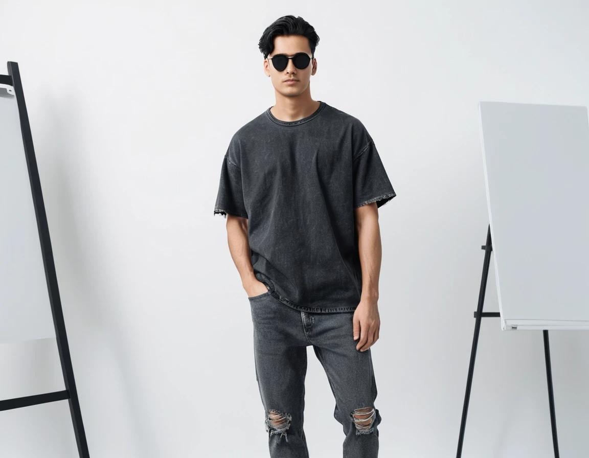 Men's solid black acid-wash oversized t-shirt