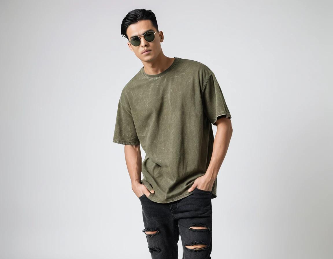 Men's solid olive green acid-wash t-shirt