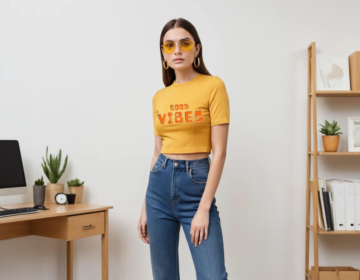 Women's graphic printed mustard yellow crop top