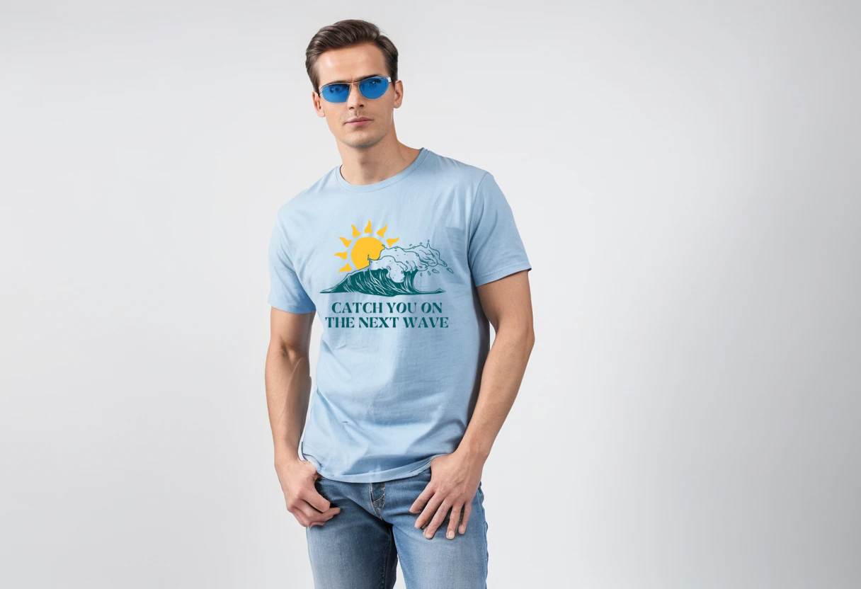 Men's baby blue graphic printed half sleeve t-shirt.