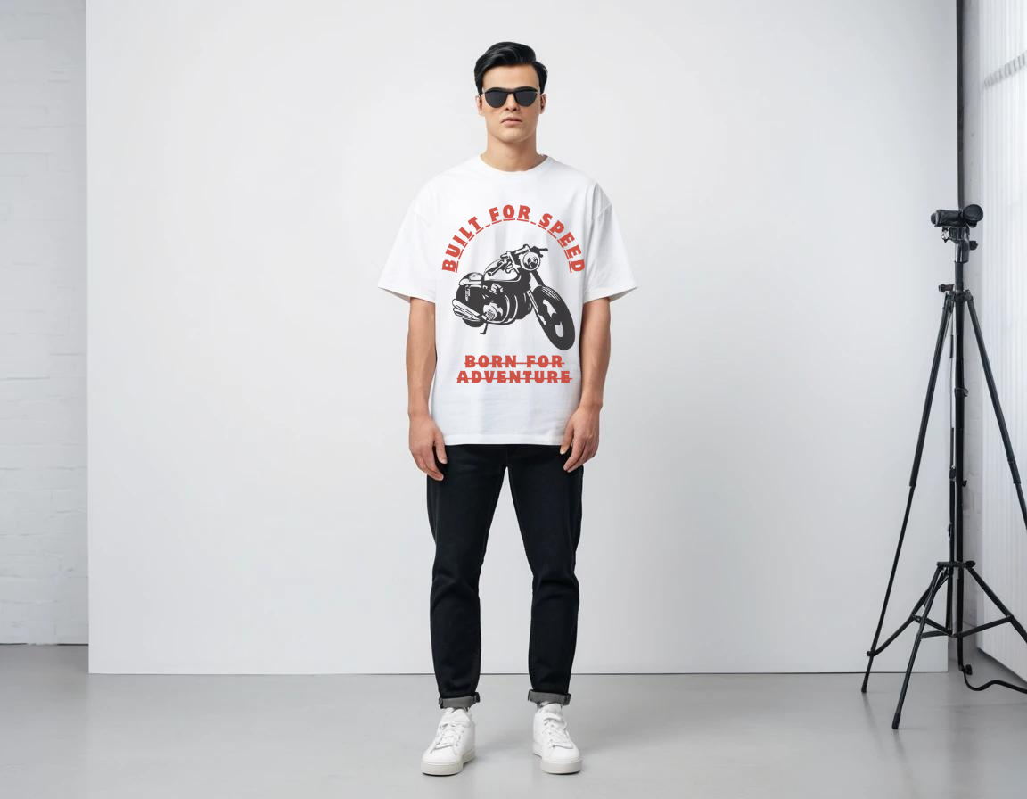 Men's white half sleeve graphic printed over-sized t-shirt.