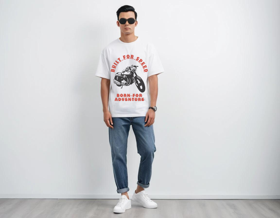 Men's white half sleeve graphic printed over-sized t-shirt.