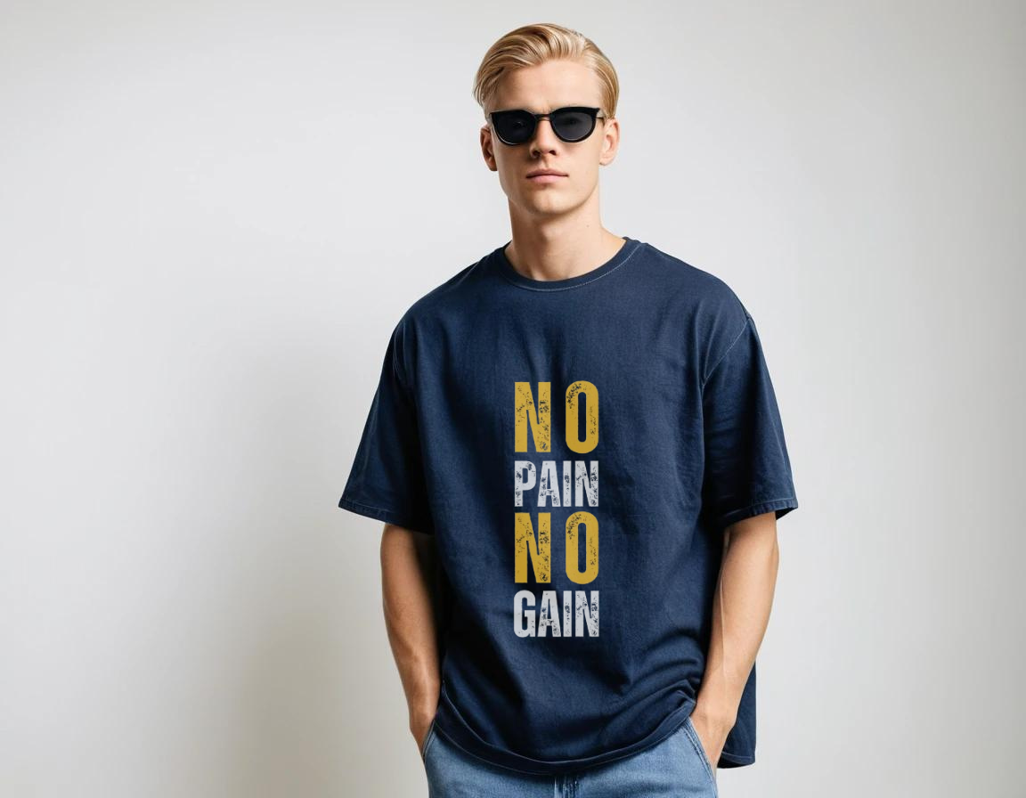 Men's navy blue half sleeve graphic printed over-sized t-shirt.