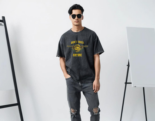 Men's black printed acid-wash t-shirt