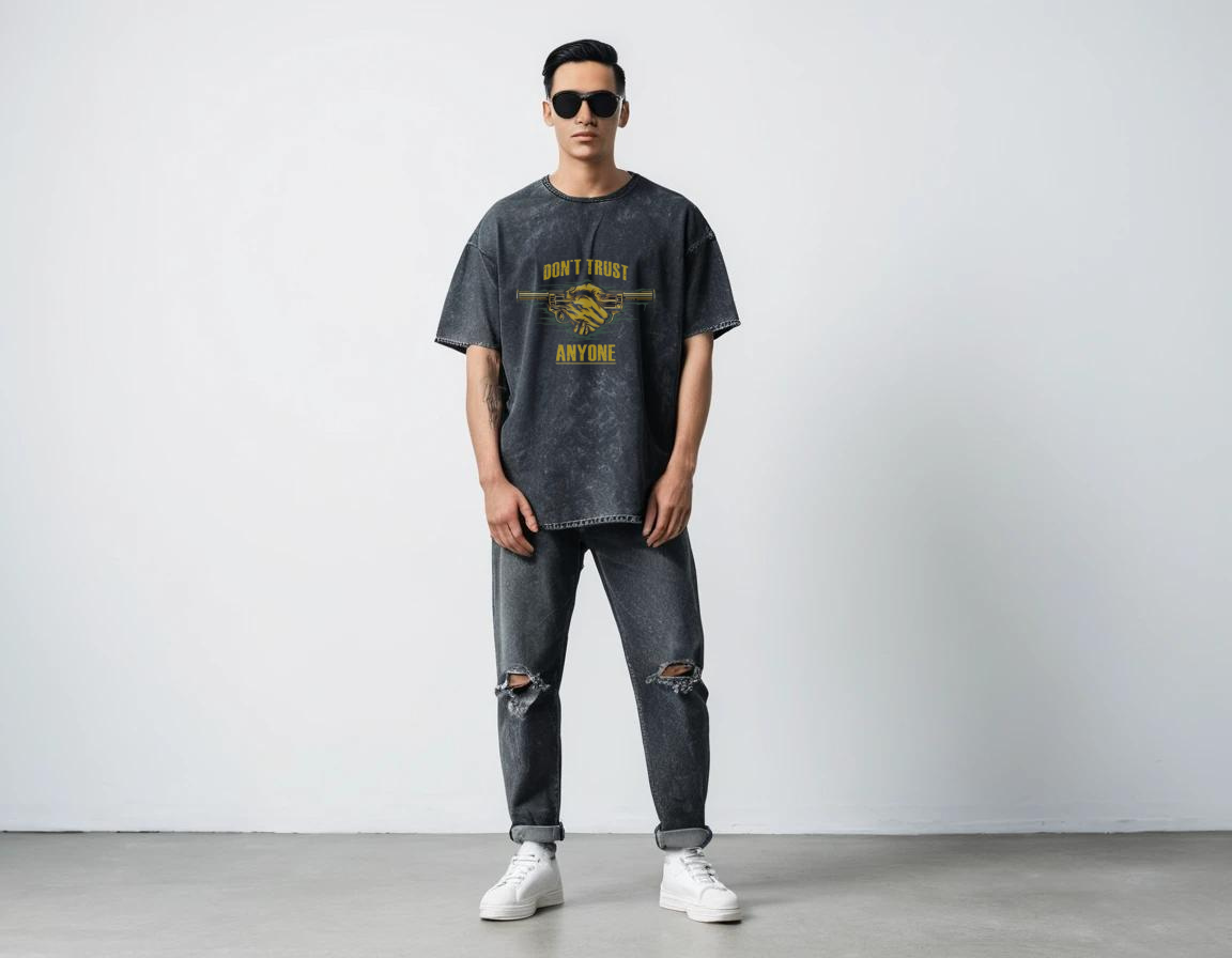 Men's black printed acid-wash t-shirt