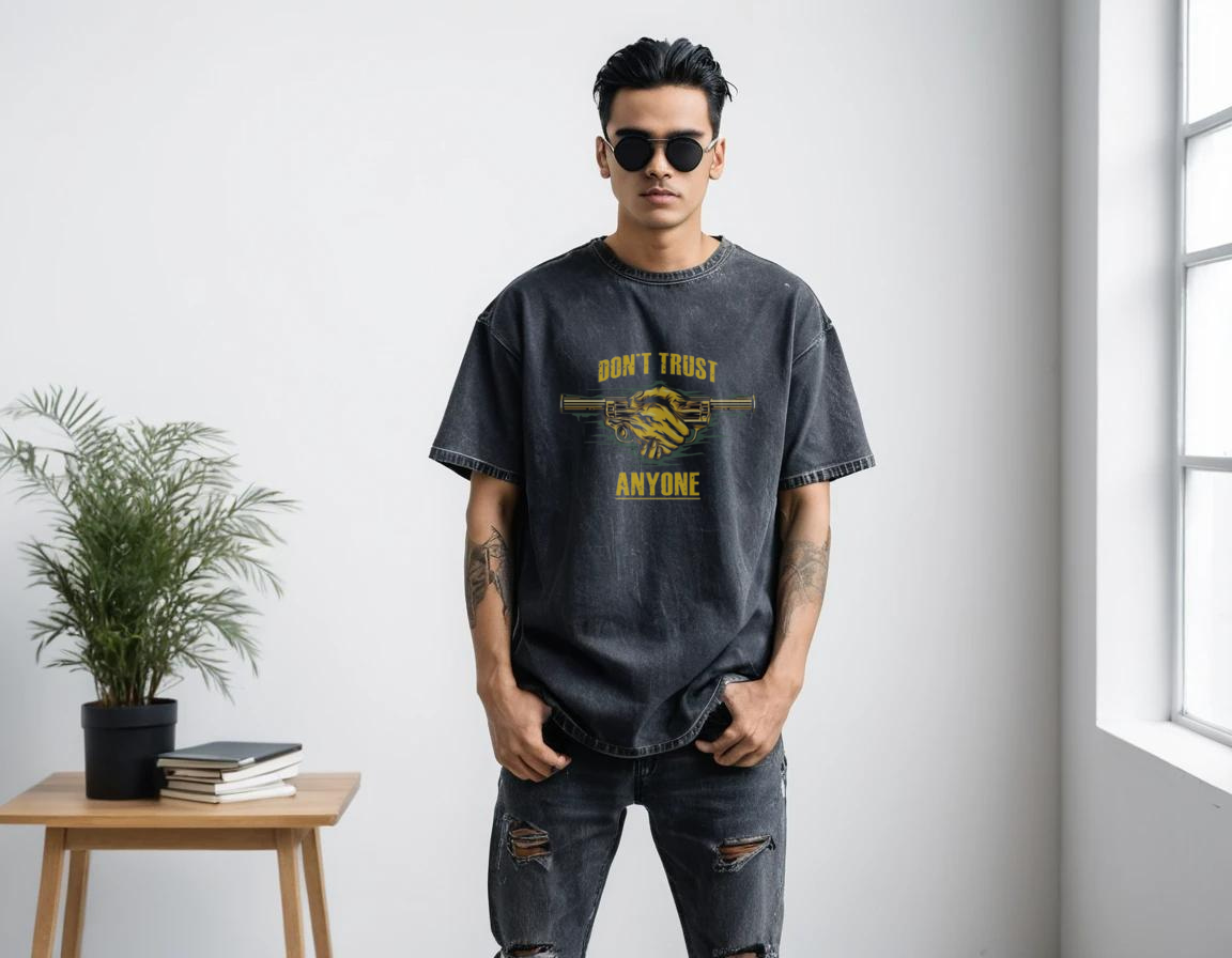 Men's black printed acid-wash t-shirt