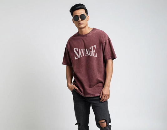 Men's maroon graphic printed acid-wash t-shirt