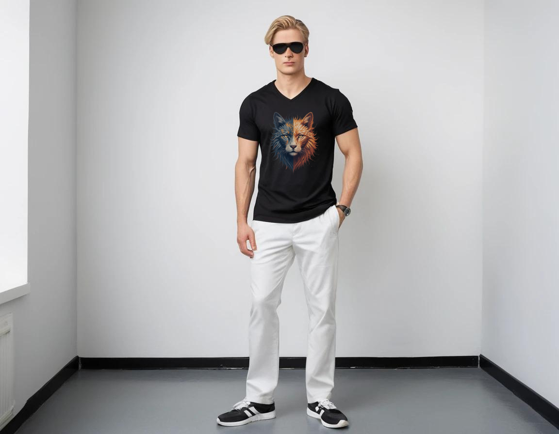 Men's black graphic printed V-neck t-shirt.