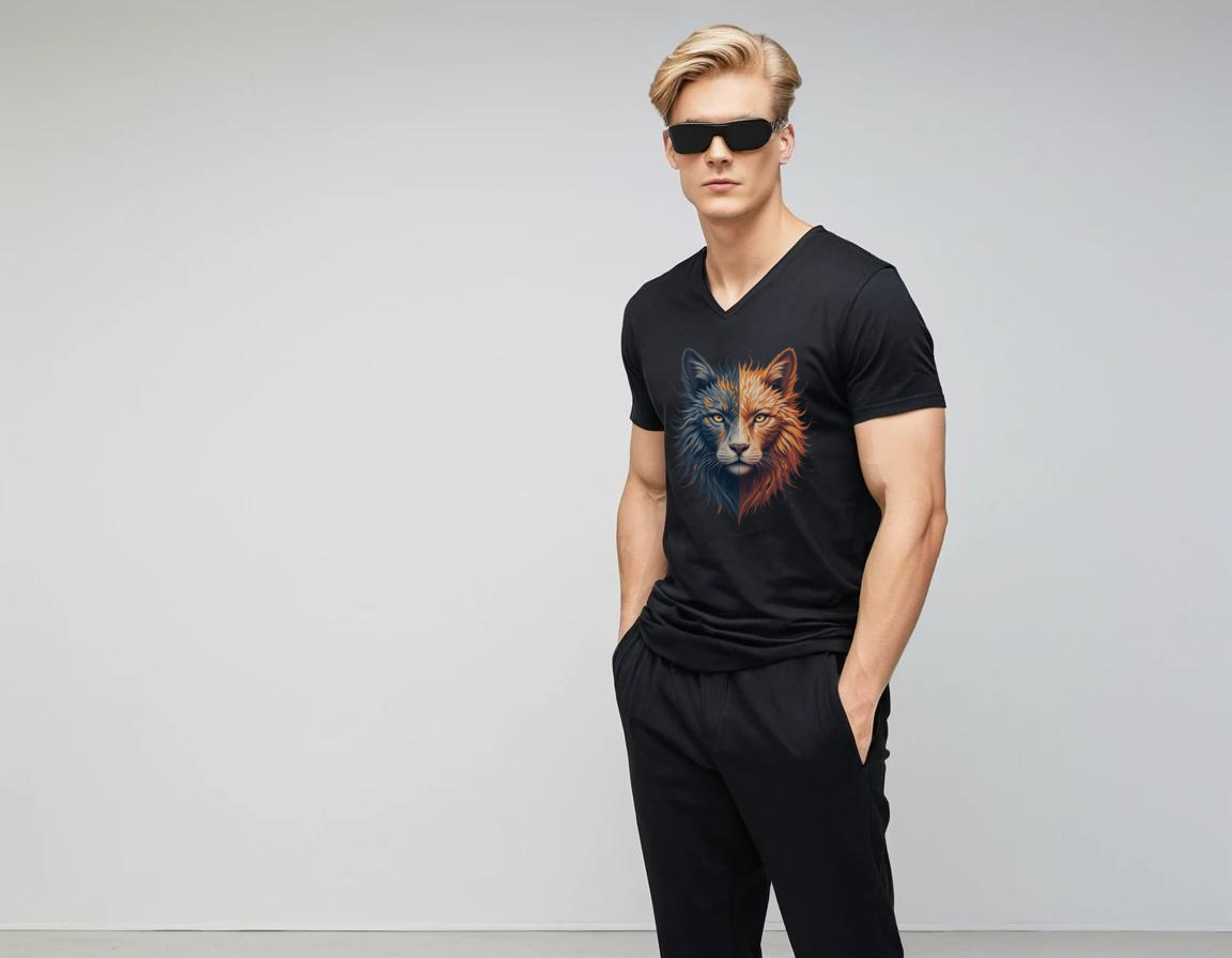 Men's black graphic printed V-neck t-shirt.