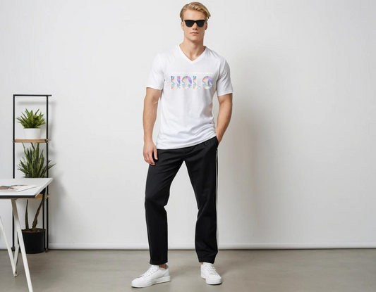 Men's white graphic printed V-neck t-shirt.