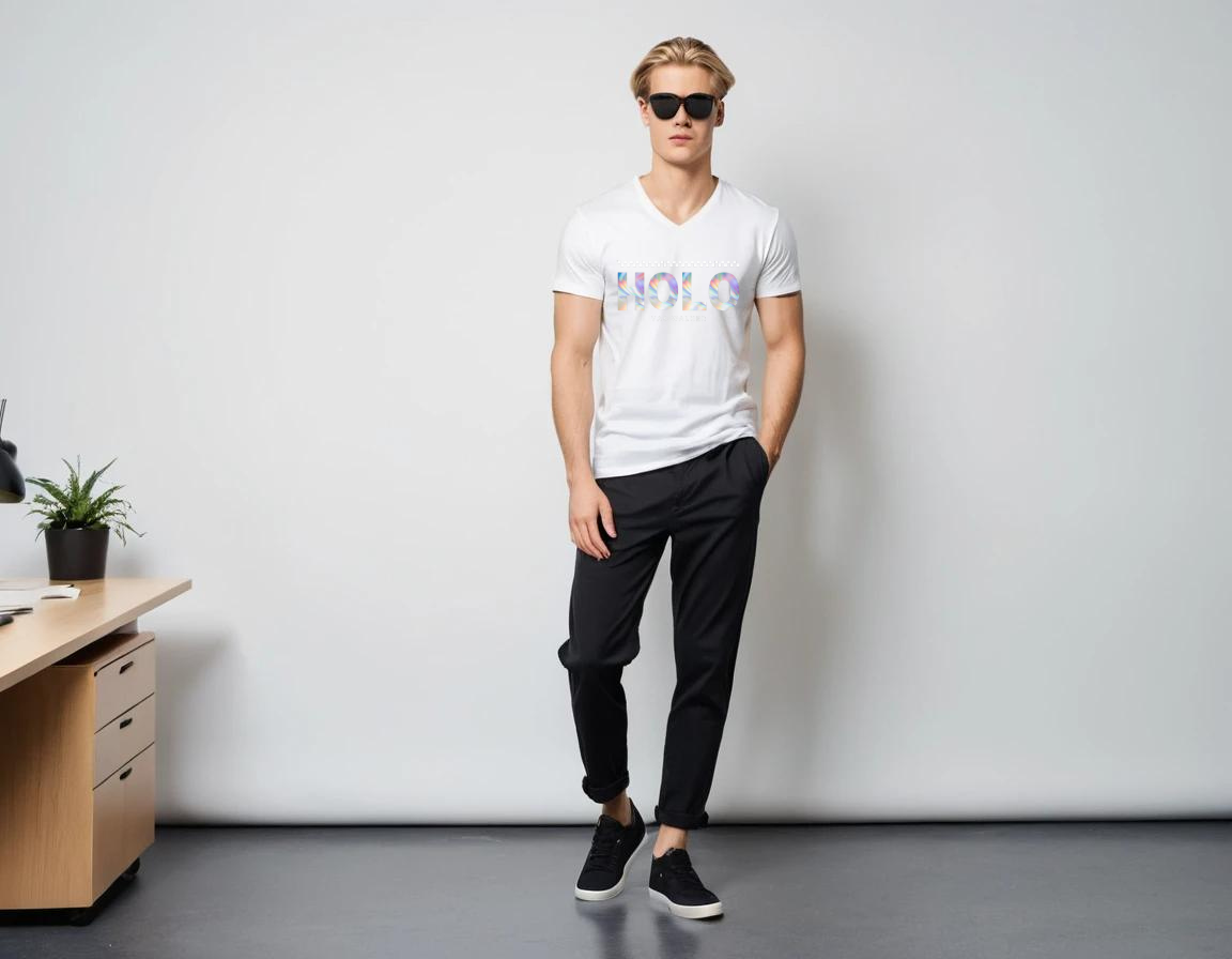 Men's white graphic printed V-neck t-shirt.