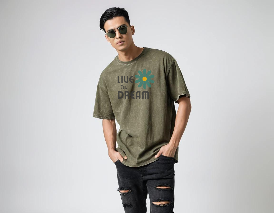 Men's graphic printed olive green acid-wash t-shirt