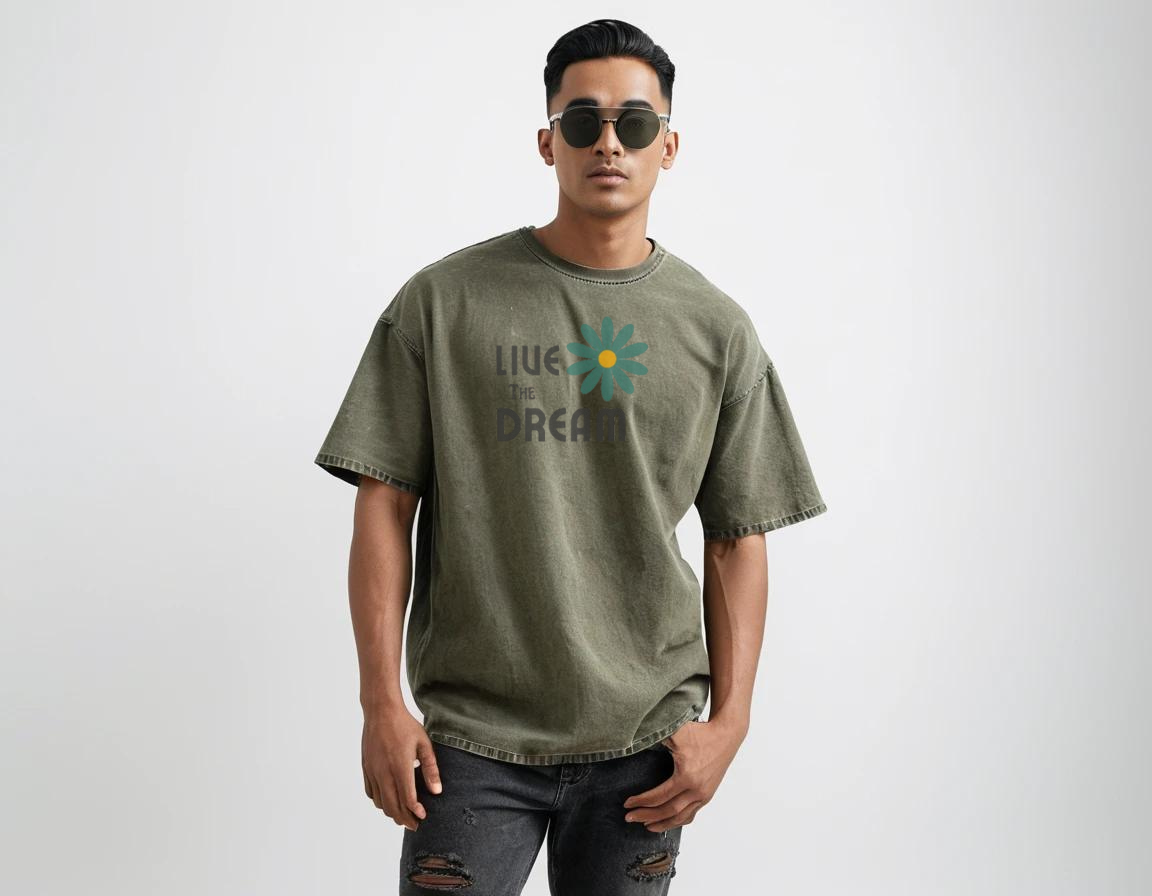 Men's graphic printed olive green acid-wash t-shirt
