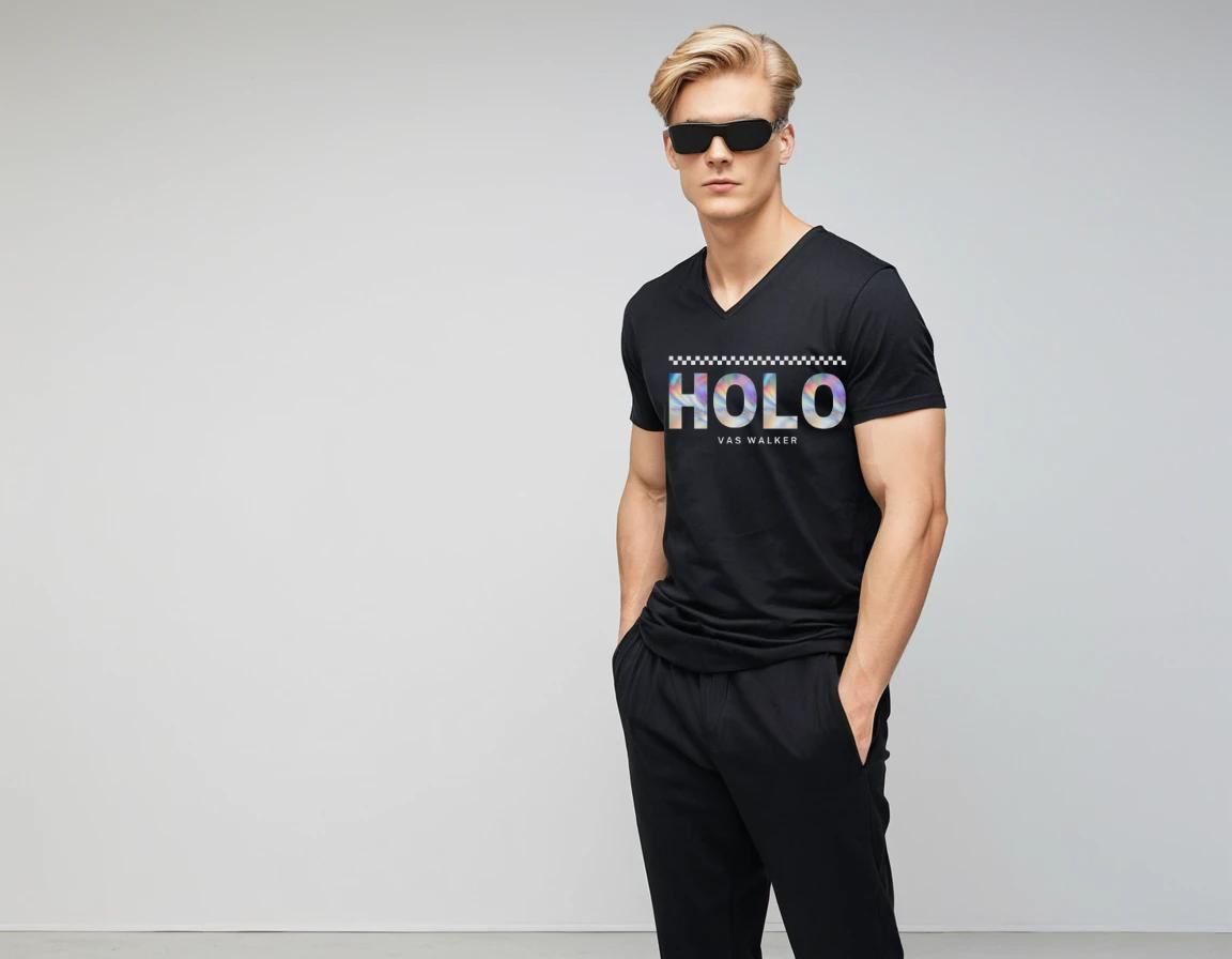 Men's black graphic printed V-neck t-shirt.