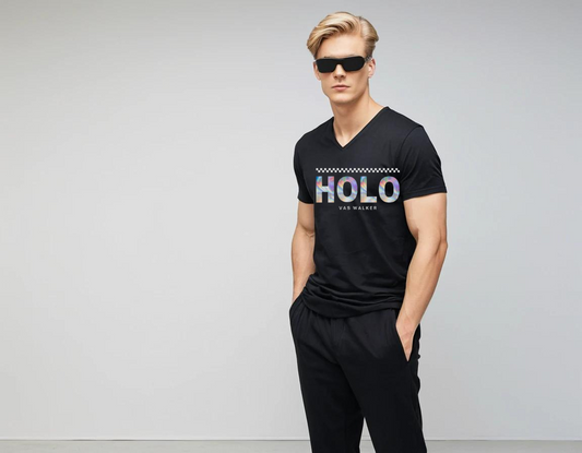 Men's black graphic printed V-neck t-shirt.