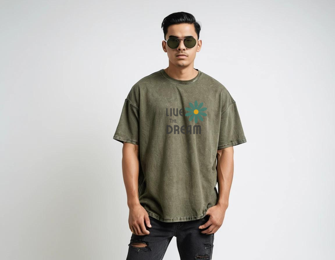 Men's graphic printed olive green acid-wash t-shirt