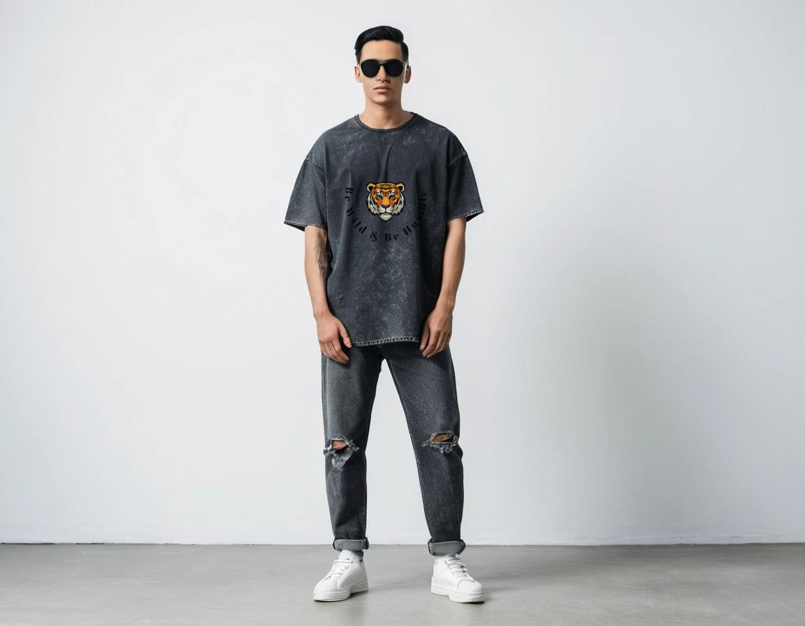 Men's black graphic printed acid wash t-shirt