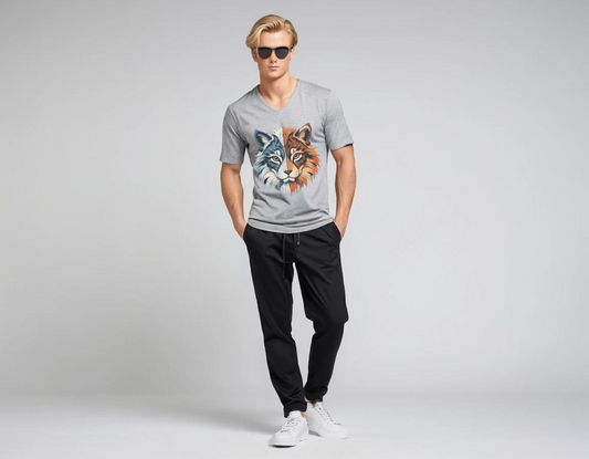 Men's grey graphic printed V-neck t-shirt.