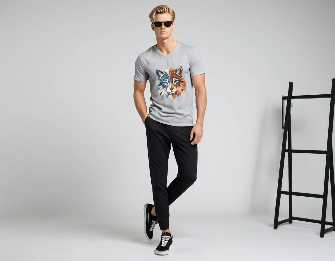 Men's grey graphic printed V-neck t-shirt.