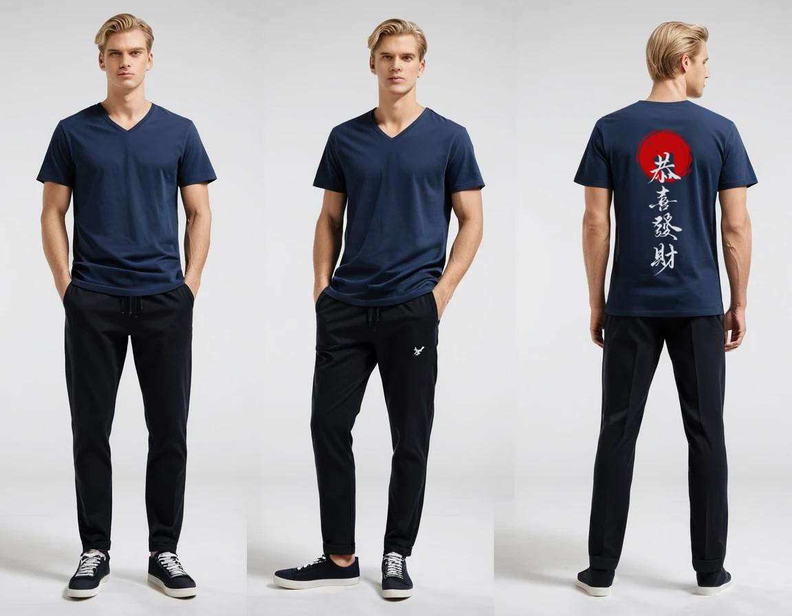 Men's petrol blue graphic printed V-neck t-shirt.