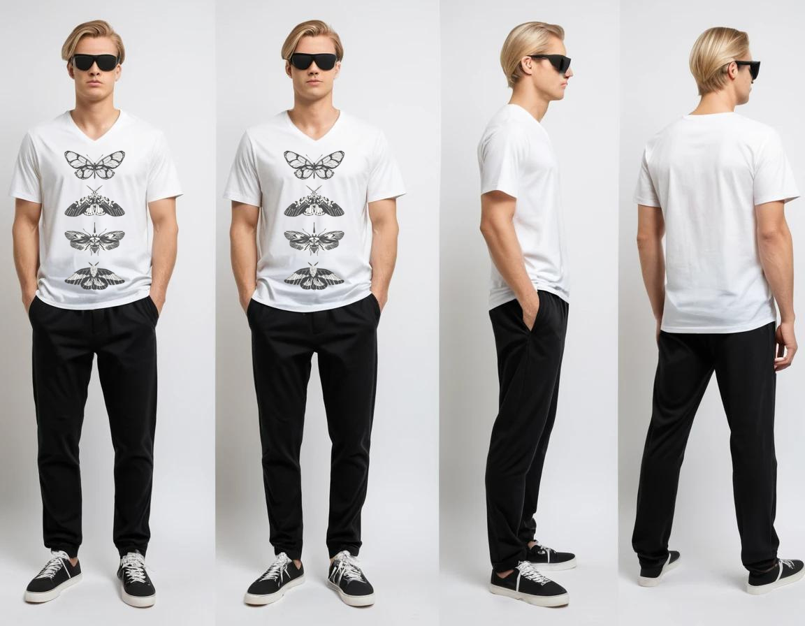 Men's white graphic printed V-neck t-shirt.
