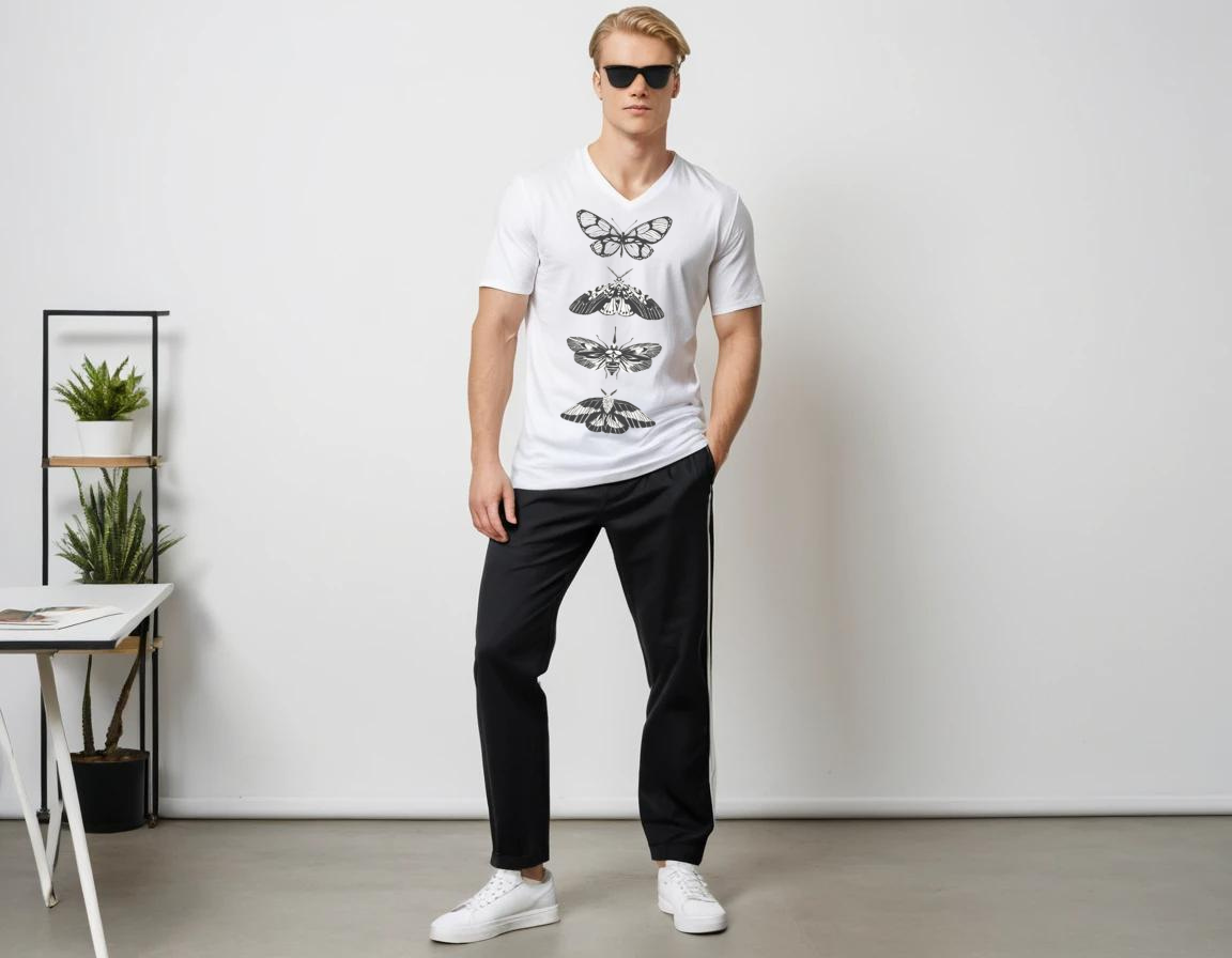 Men's white graphic printed V-neck t-shirt.