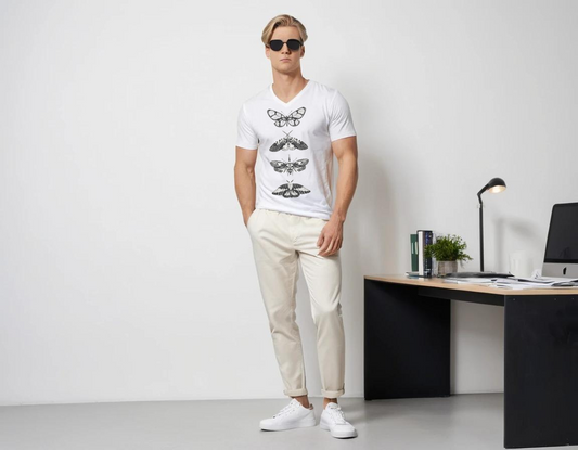 Men's white graphic printed V-neck t-shirt.