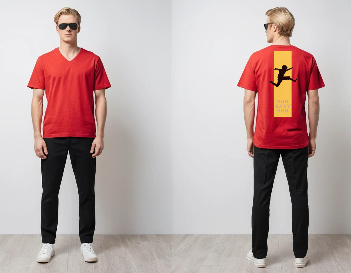 Men's red graphic printed V-neck t-shirt.