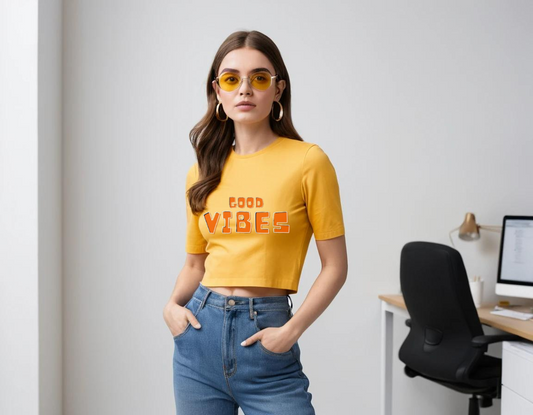 Women's graphic printed mustard yellow crop top