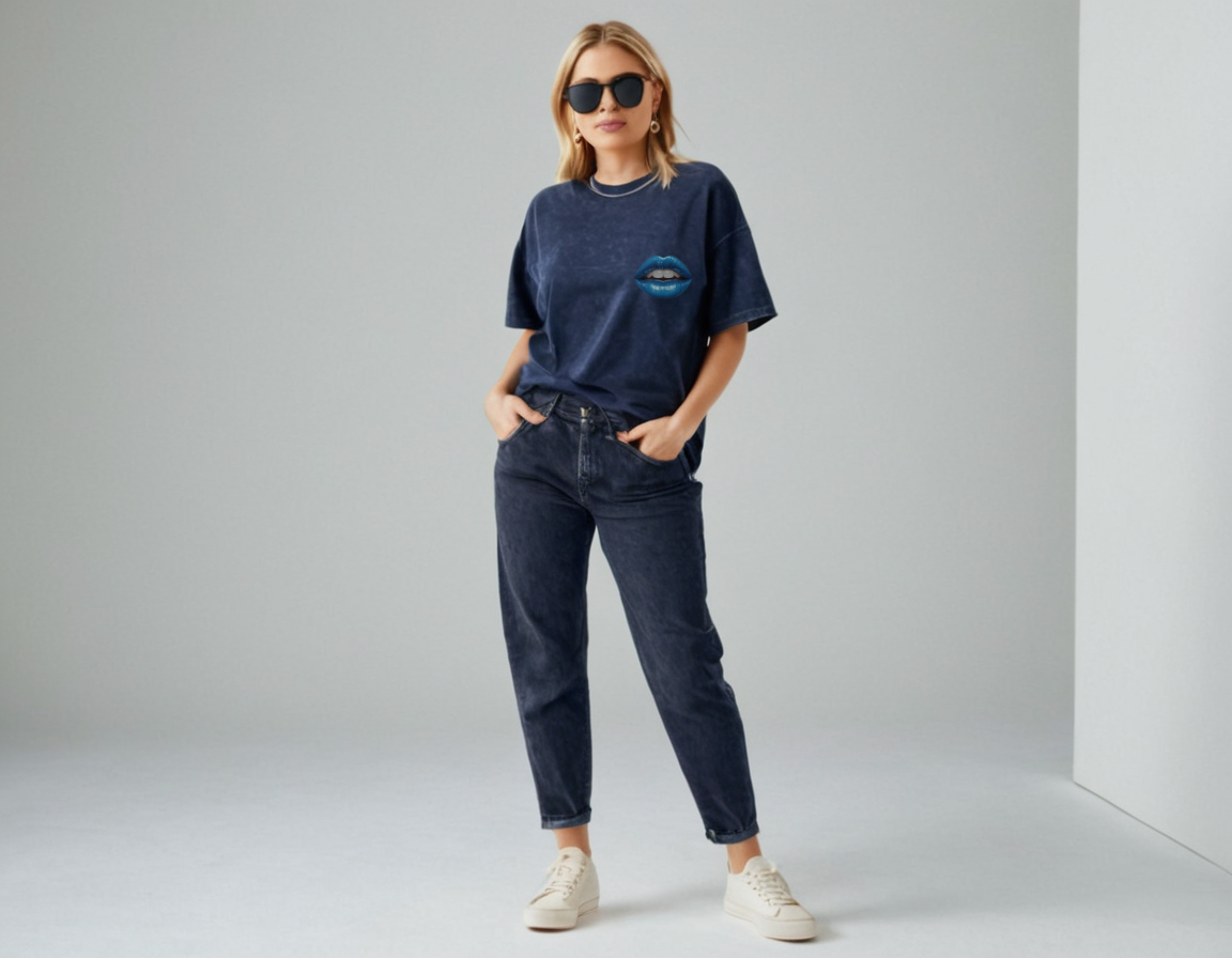 Women's navy blue acid wash oversized t-shirt