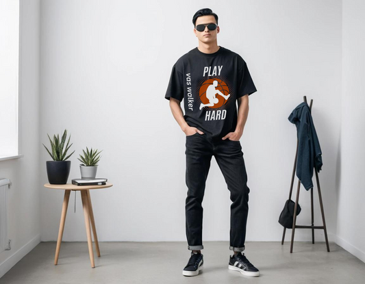 Men's black half sleeve graphic printed over-sized t-shirt.