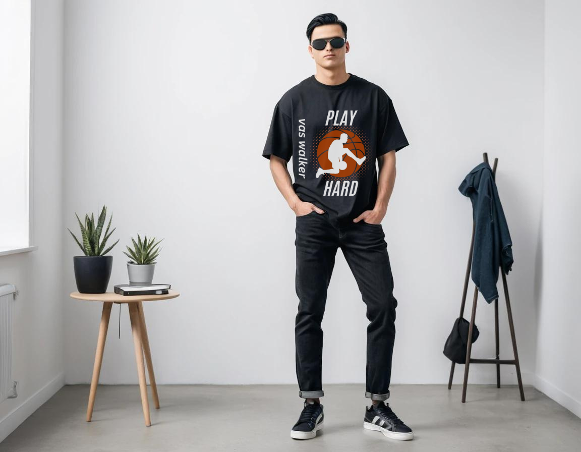 Men's black half sleeve graphic printed over-sized t-shirt.