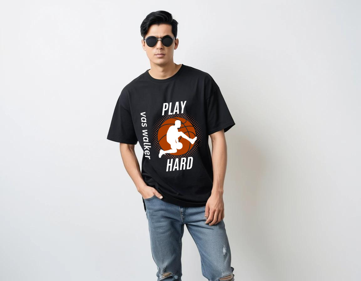 Men's black half sleeve graphic printed over-sized t-shirt.