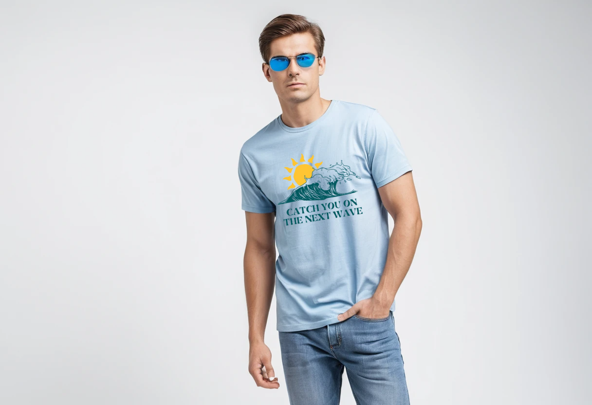 Men's baby blue graphic printed half sleeve t-shirt.
