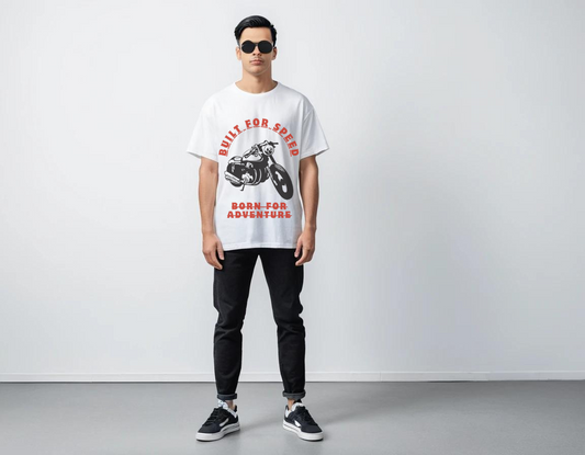 Men's white half sleeve graphic printed over-sized t-shirt.