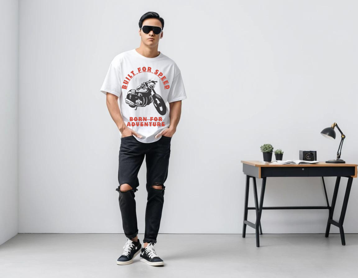 Men's white half sleeve graphic printed over-sized t-shirt.