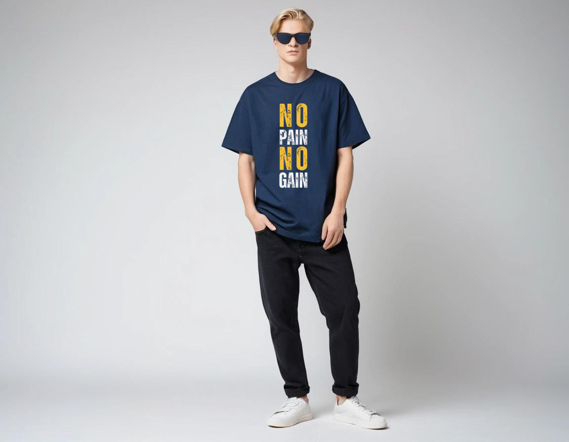 Men's navy blue half sleeve graphic printed over-sized t-shirt.